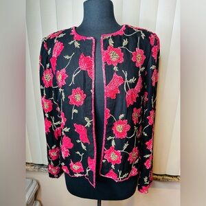 Cecily Brown Silk Floral Embroidered Beaded Black Jacket Cardigan Size Large
